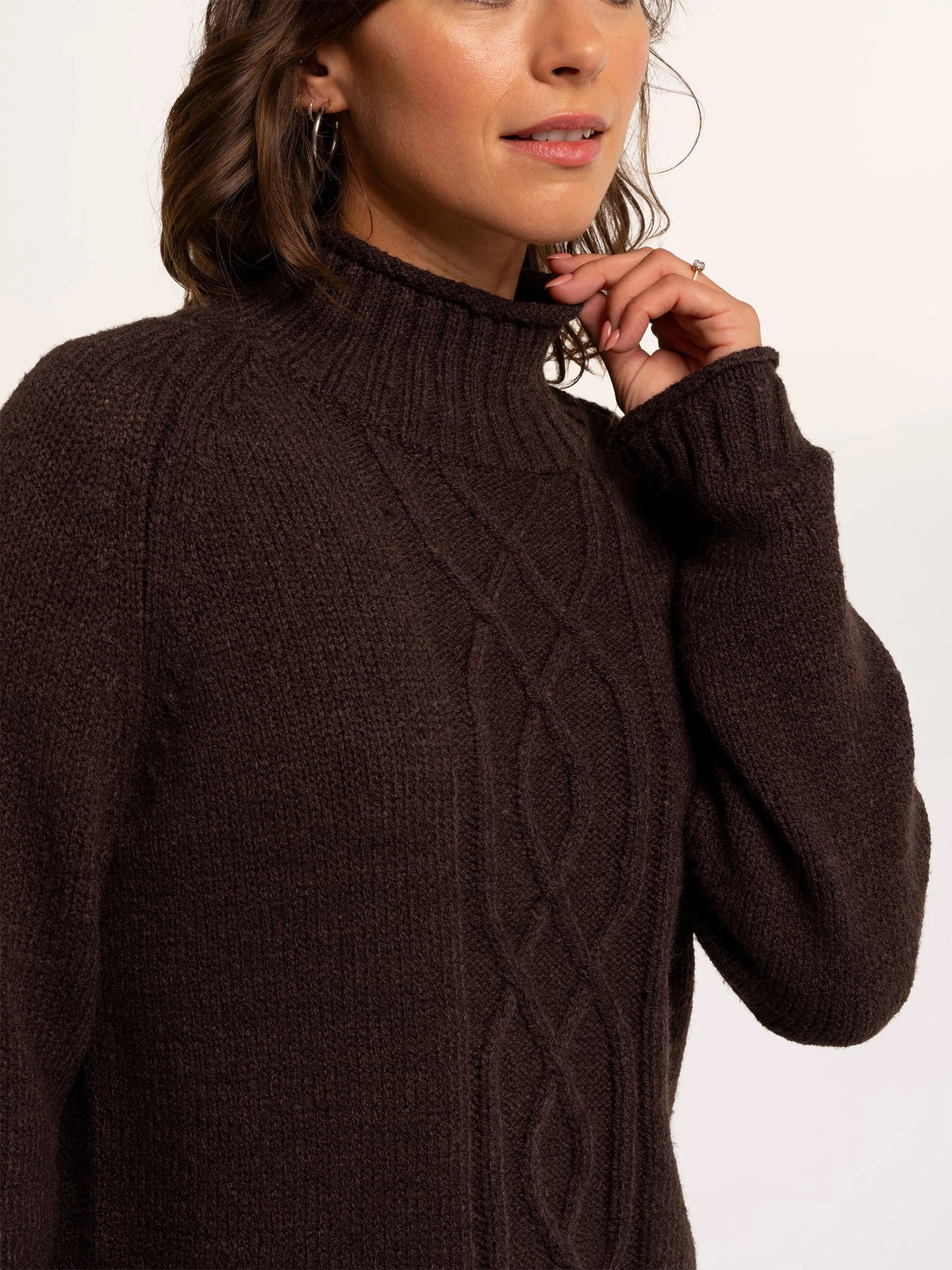 Brakeburn - Agnes - Textured Stitch Knitted Roll Neck Jumper - Chocolate