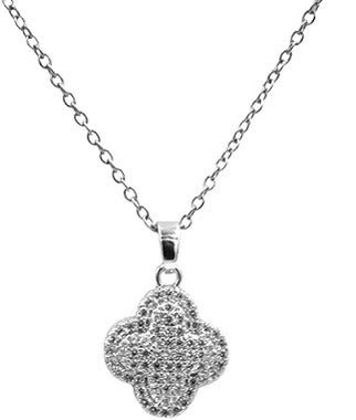 Byzantium - Sparkling Glitter Crystal Four Leaf Clover Pendant Necklace - Silver
