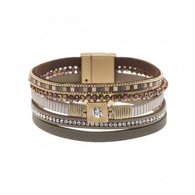 Multistrand Brown, Beige & Gold with Crystal Detail Magnetic Bracelet