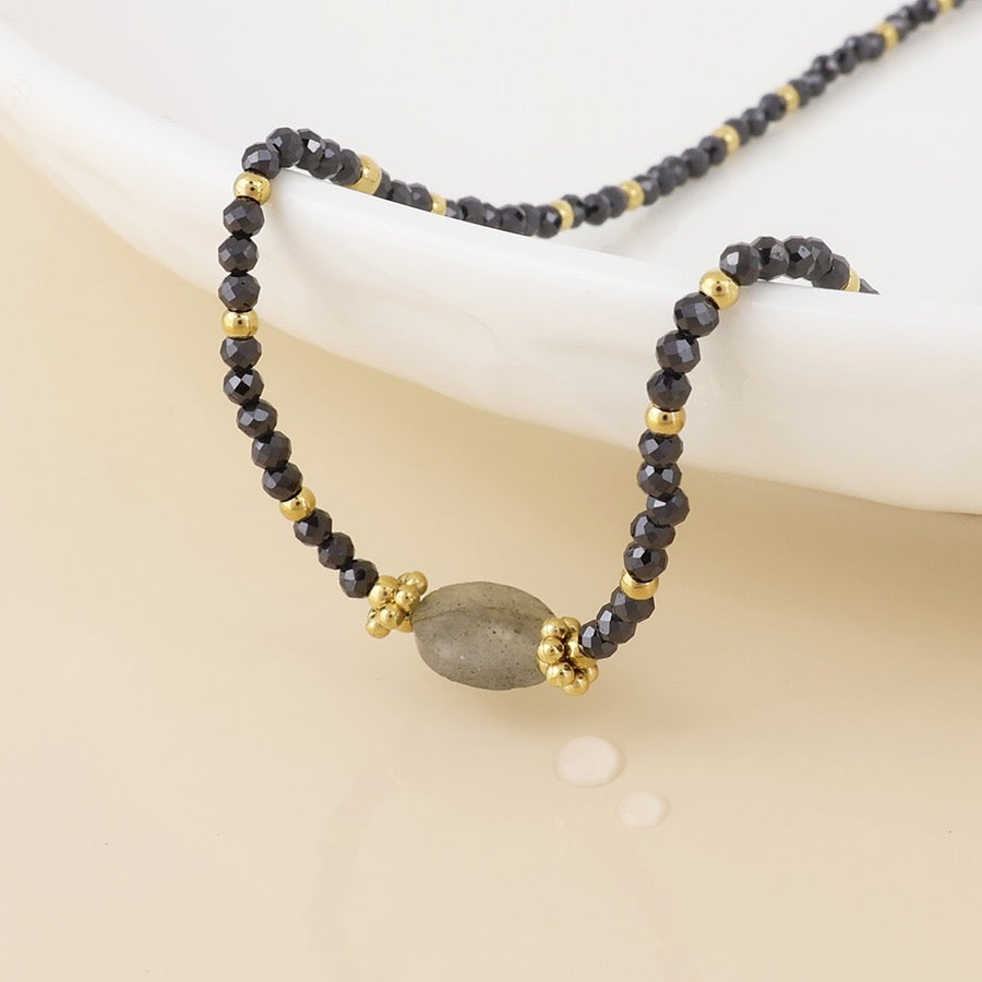 POM WATERPROOF - NYX Gold Plated Charcoal Black Tiny Faceted Crystal Full Beaded Necklace