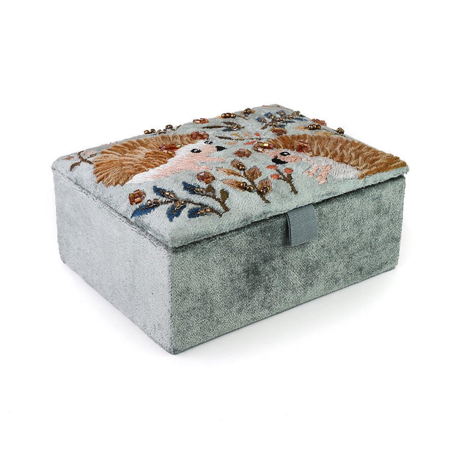 POM - Grey Velvet - Hedgehogs  - Embroidered Small Jewellery Box
