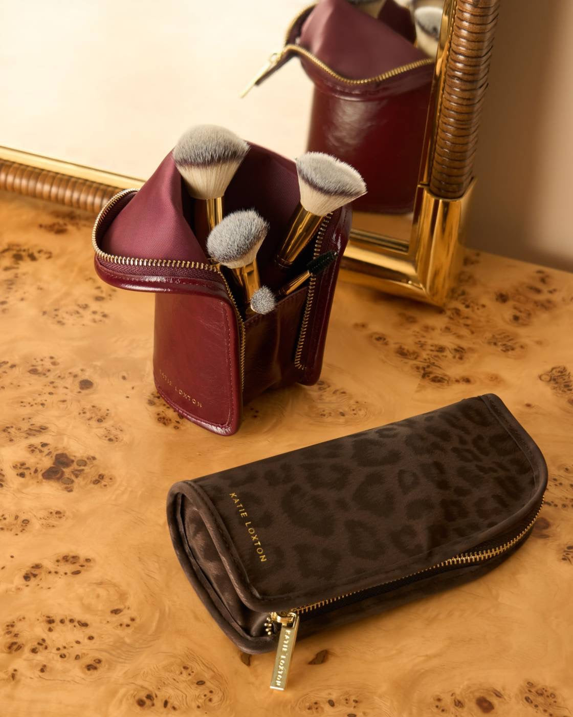 Katie Loxton - Leopard - Travel Make-up Brushes in Zip Pouch Case - Chocolate Leopard