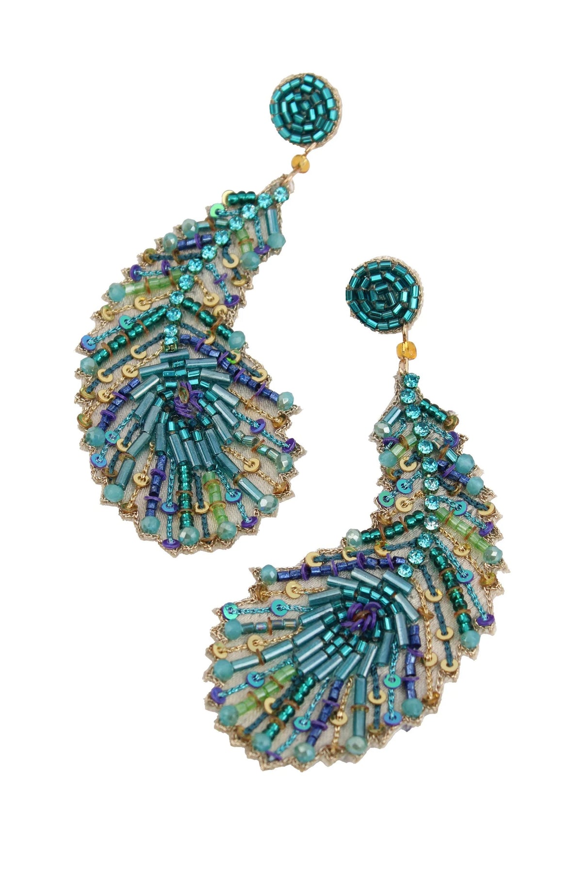 Peacock Feather - Beaded Statement Dangly Earrings - My Doris