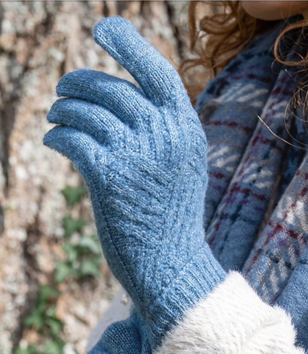 POM - Charlotte - Herringbone Cable Knit Plain Wool Gloves - Denim Blue