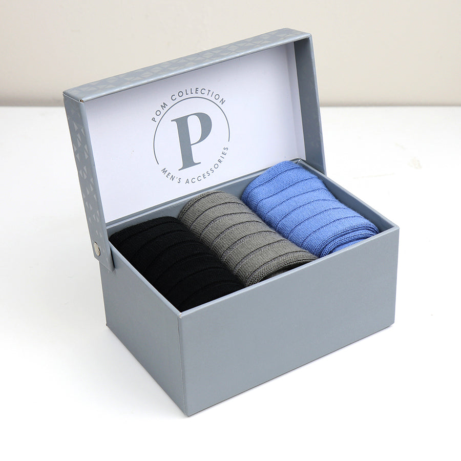 POM MENS Black/Blue/Grey Sock Boxed Gift Set - Set of 3 Pairs