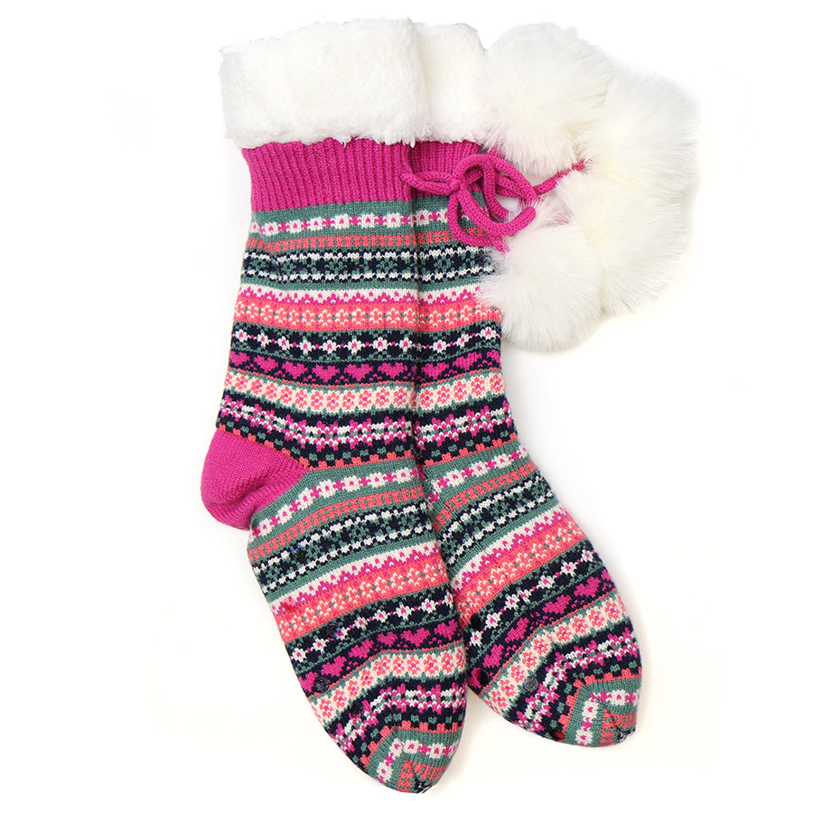 POM Pink Mix Jazzy Hearts Fairisle Slipper Socks