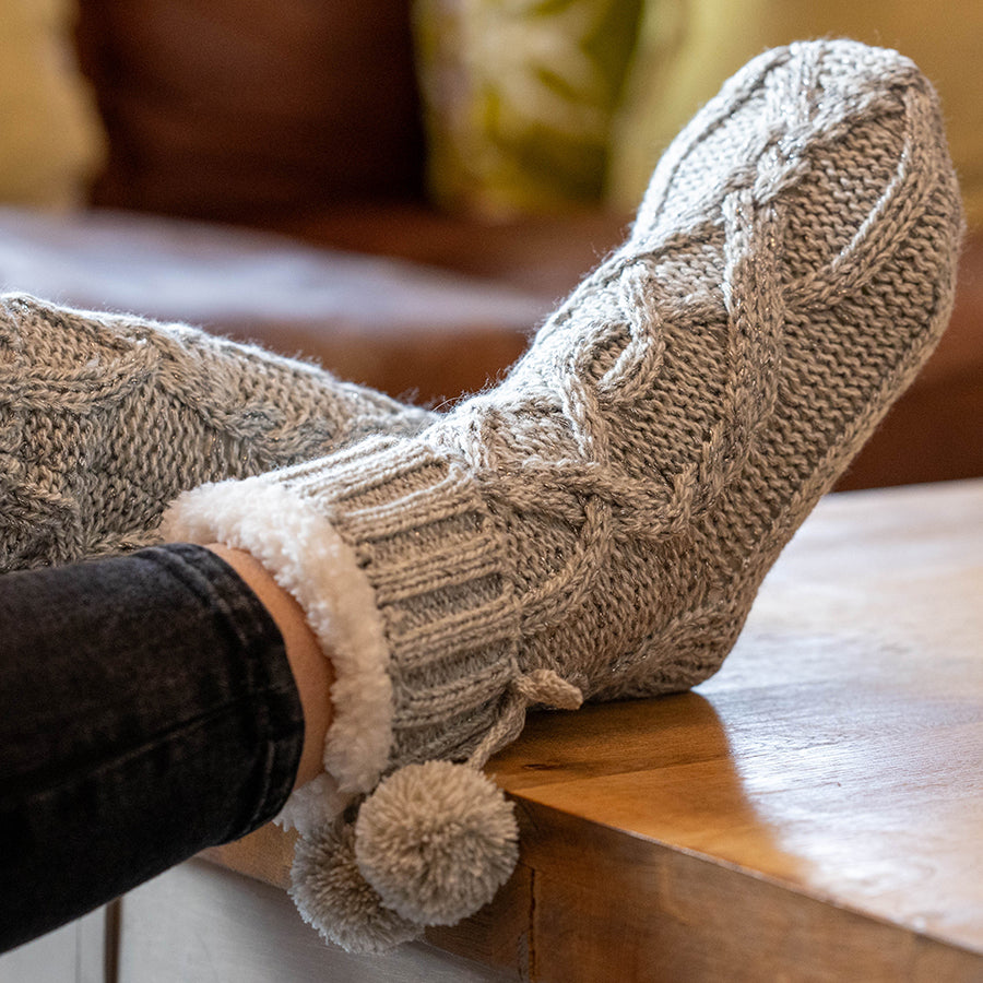 POM Pale Grey Chunky Cable Knit Slipper Socks