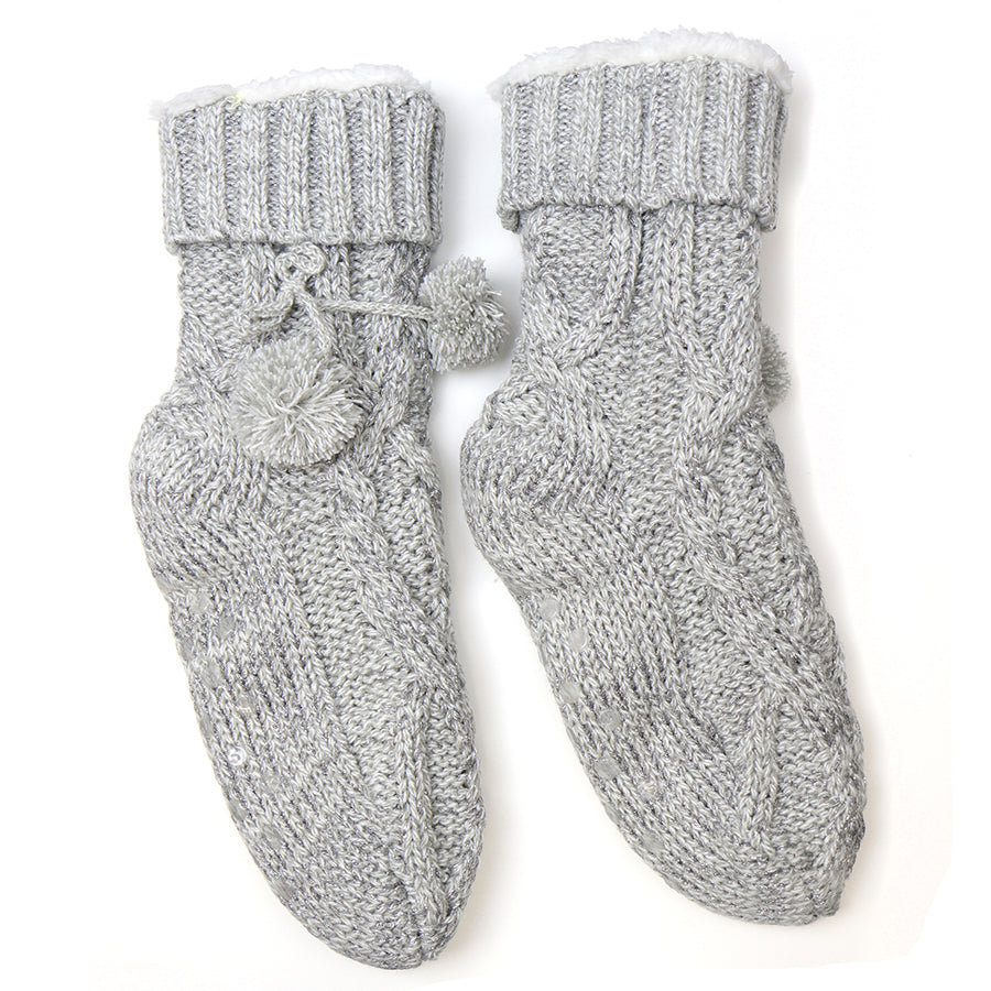 POM Pale Grey Chunky Cable Knit Slipper Socks