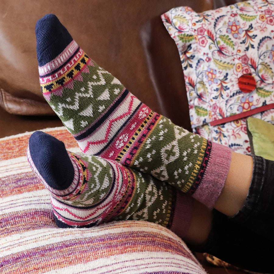 POM Sage green/Lilac Mix Fairisle Wool Blend Nordic Winter Socks