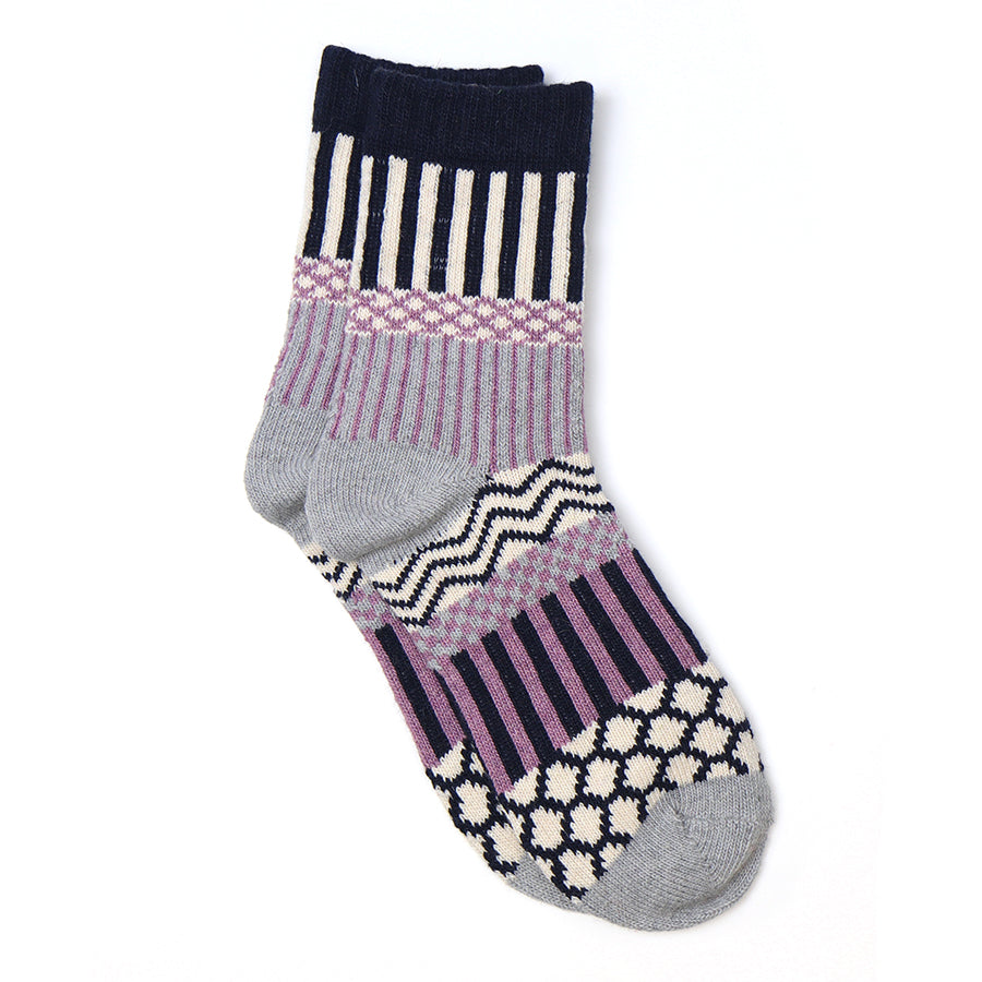 POM Navy/Lilac Mix Multi Stripe  Wool Blend Nordic Winter Socks