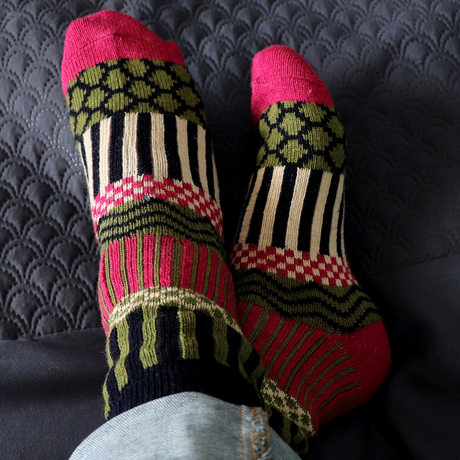 POM Raspberry/Olive Stripe Multi Pattern Wool Blend Nordic Winter Socks