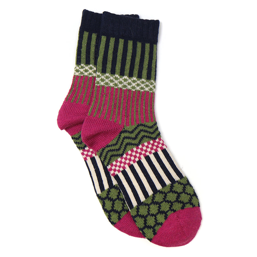 POM Raspberry/Olive Stripe Multi Pattern Wool Blend Nordic Winter Socks