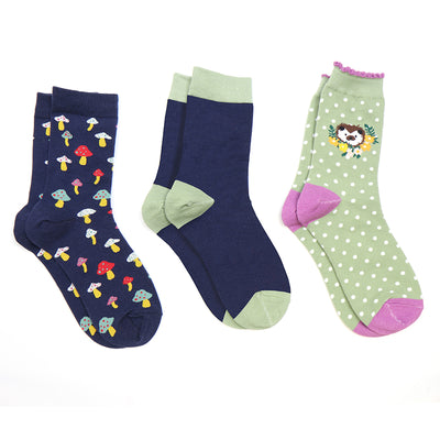 POM Autumn Hedgehog Trio Ladies Organic Ankle Socks Gift Boxed