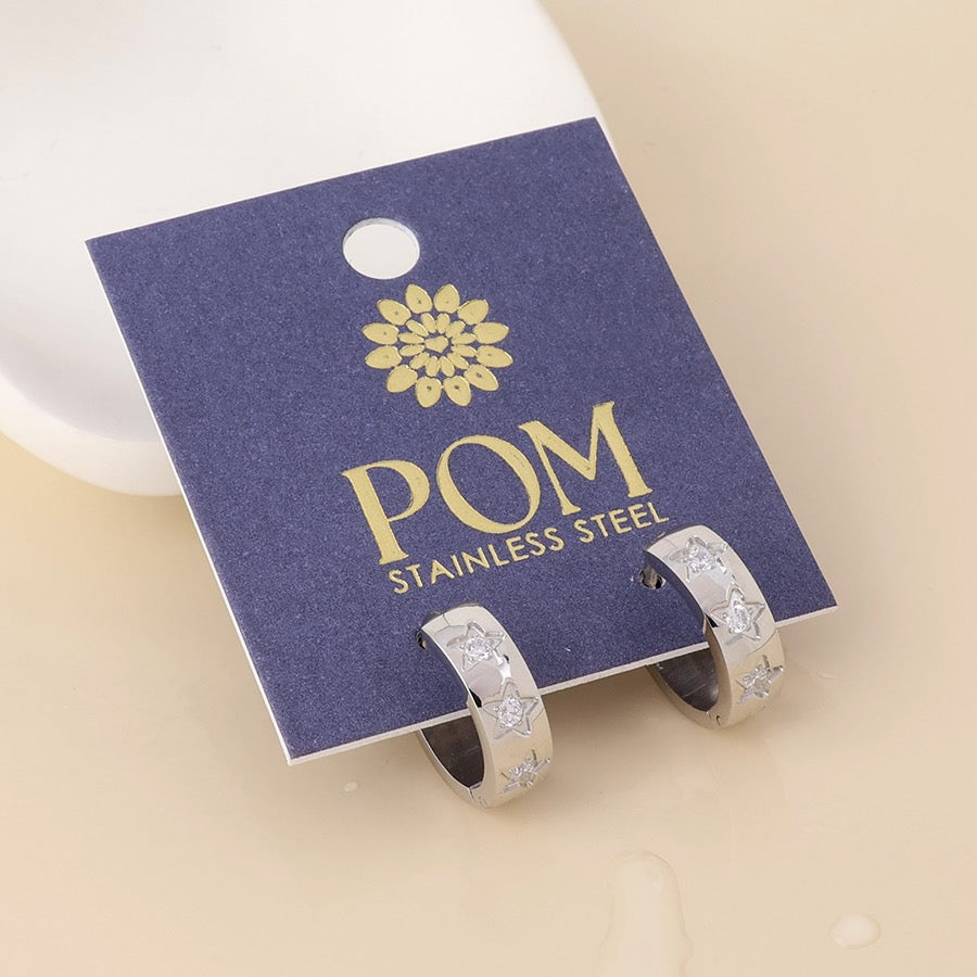 POM WATERPROOF - Astra Stainless Steel Crystal Star Hoop Earrings - Silver/Clear