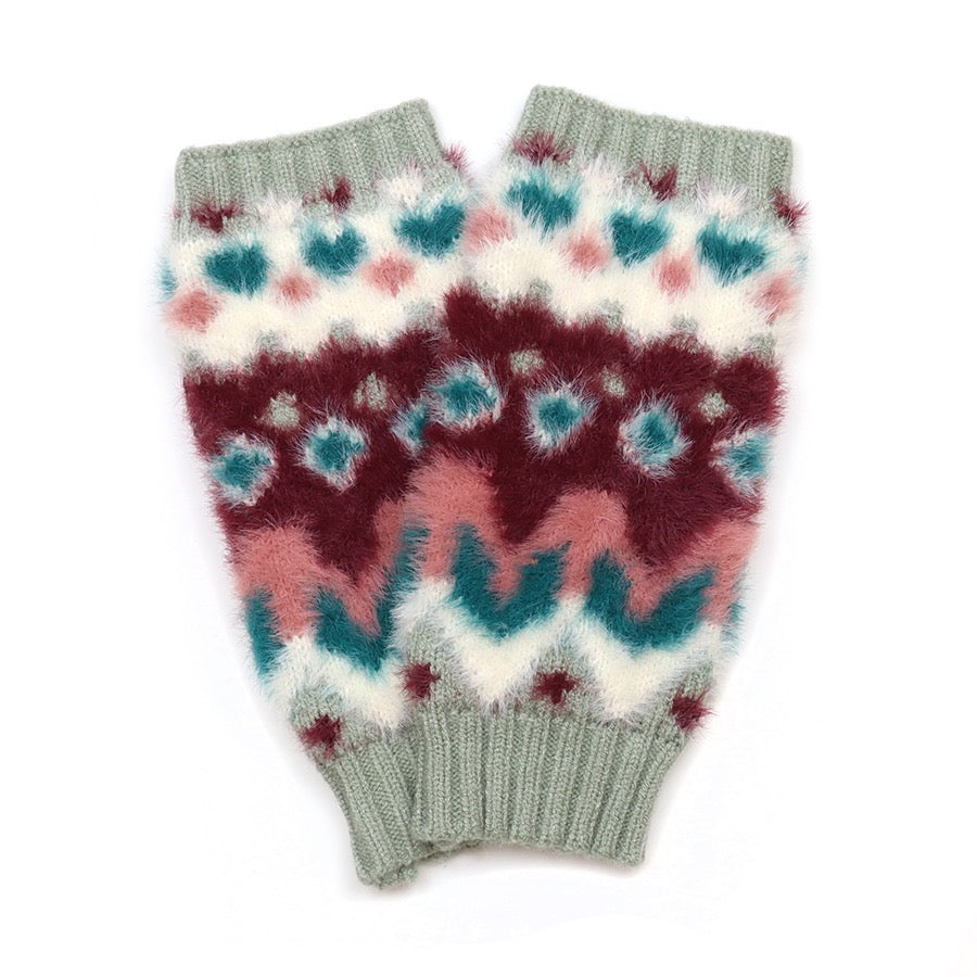 POM - Imogen - Patterned Faux Fur Knitted Wrist Warmers Gloves - Duck Egg &amp; Wine Multi