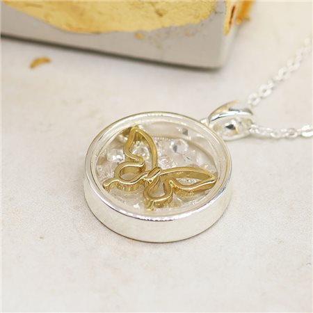 POM Round Glass Front Pendant with Crystals & Gold Butterfly inside - Silver