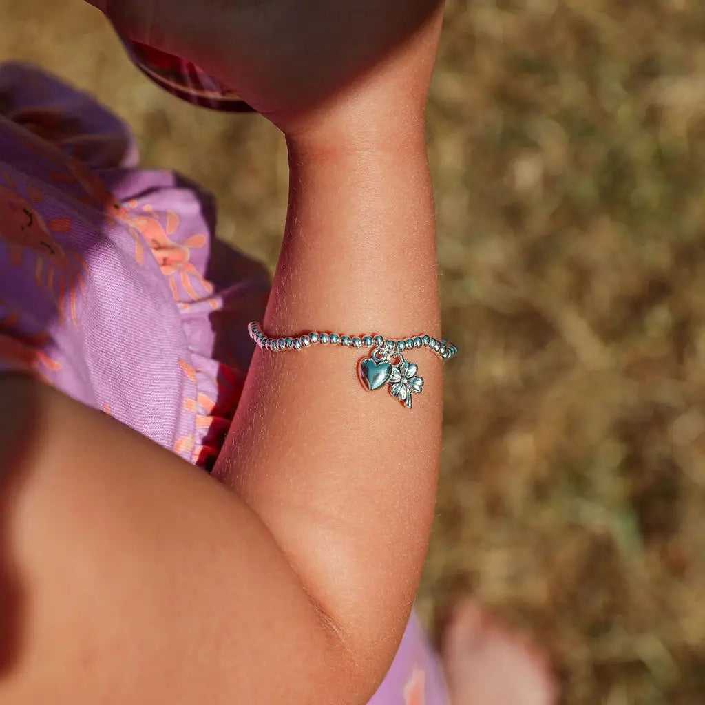 Letterbox Love -Cheering You On - Heart &amp; Flower - CHILDREN'S - Silver Plated Stretch Bracelet