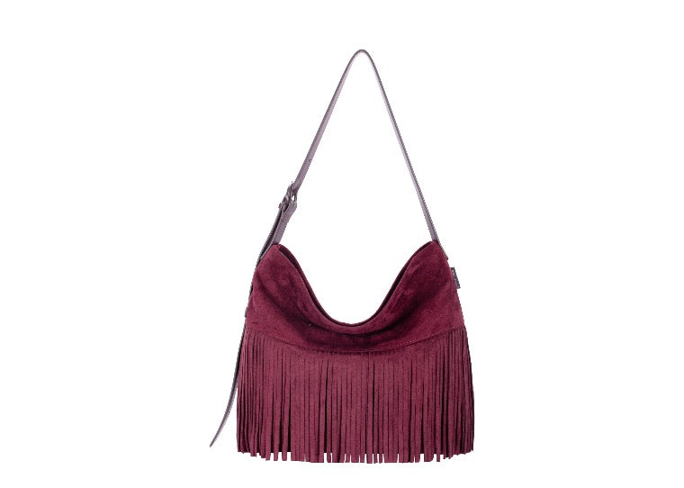 David Jones - (CM8723) - Tassel Faux Suede Large Crossbody/Shoulder Handbag - Dark Bordeau