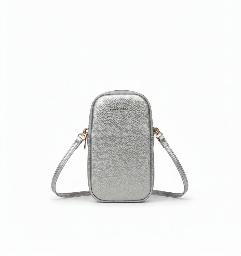 David Jones - (CM6814A) Double Zip Faux Leather Phone Crossbody Bag - Metallic Silver