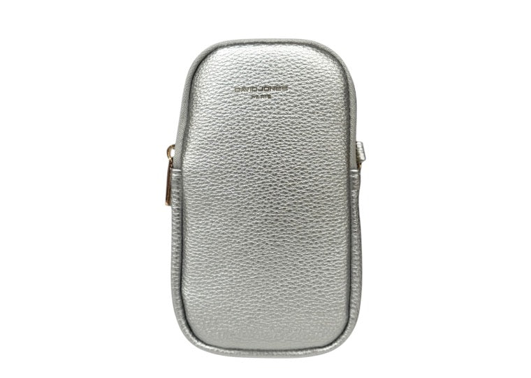 David Jones - (CM6814A) Double Zip Faux Leather Phone Crossbody Bag - Metallic Silver