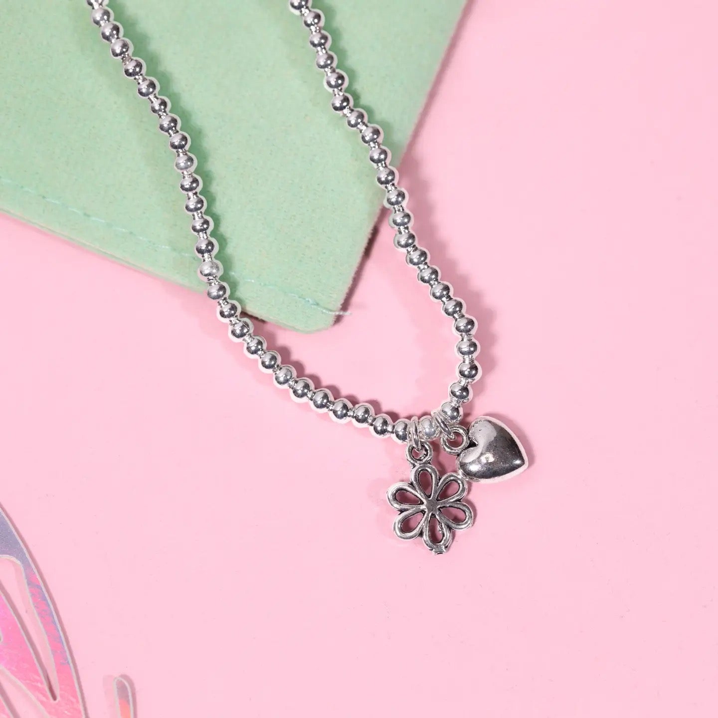 Letterbox Love - Brighten Your Day - Heart &amp; Flower - CHILDREN'S - Silver Plated Stretch Bracelet (Copy)