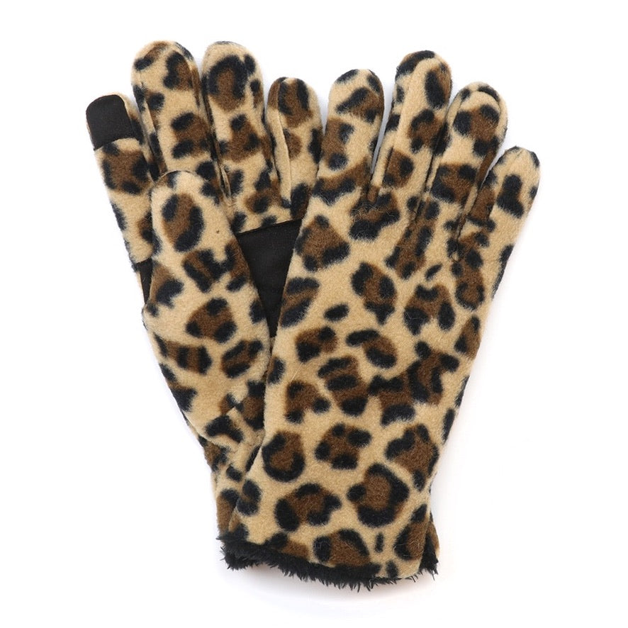 POM - Carly - Leopard Print Fleece Ladies Gloves - Black/Camel