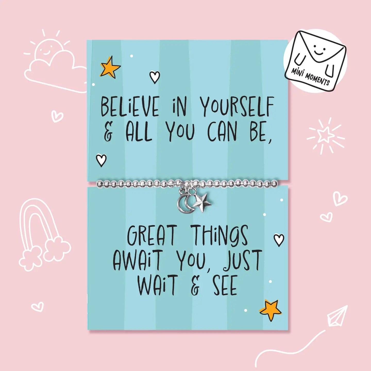 Letterbox Love - Believe in Yourself - Moon &amp; Star - CHILDREN'S - Silver Plated Stretch Bracelet