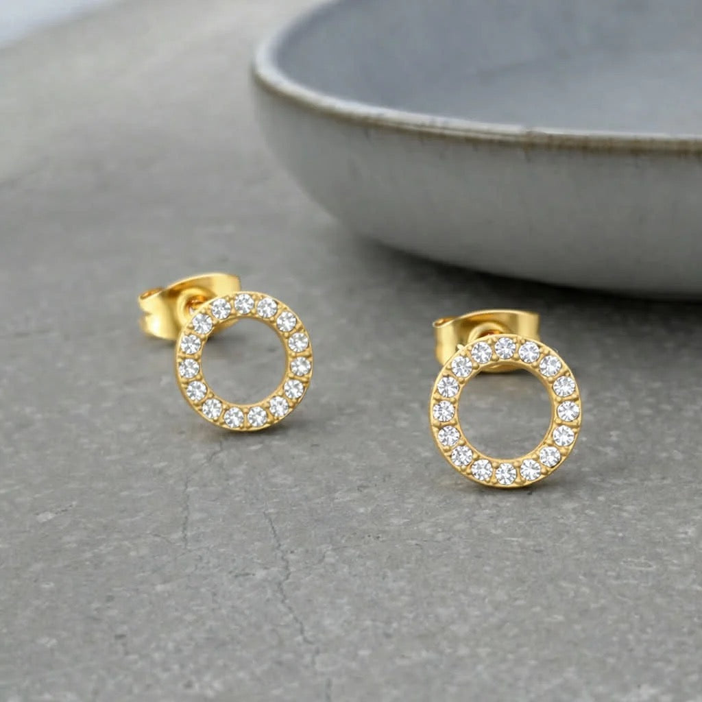 CZ Crystal Circle Gold Stud Earrings - Flax Barn Waterproof Jewellery