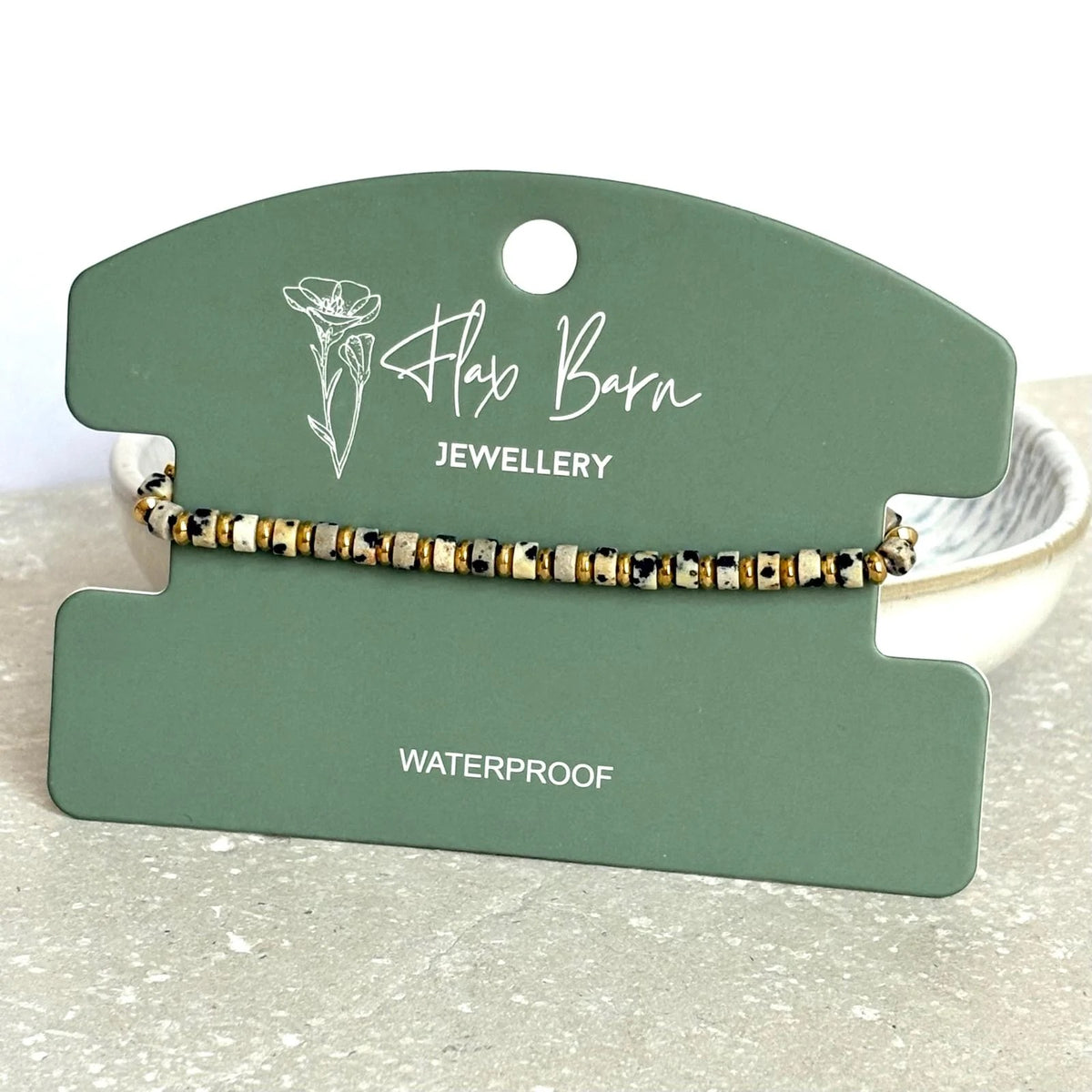 Dalmatian Jasper Rondelle &amp; Gold Beaded Bracelet  - Flax Barn Waterproof Jewellery