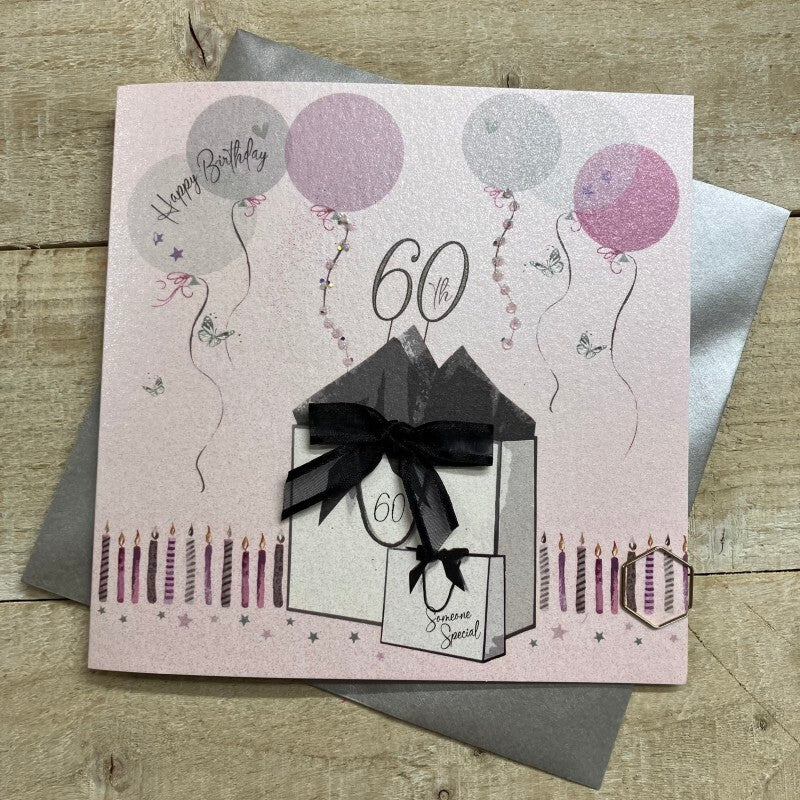 Happy 60th Birthday Gift Bags &amp; Balloons Blush Pink Card - White Cotton Cards