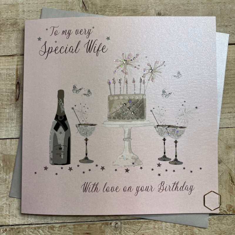 Very Special Wife Sparkling Cake &amp; Glasses Card - White Cotton Cards