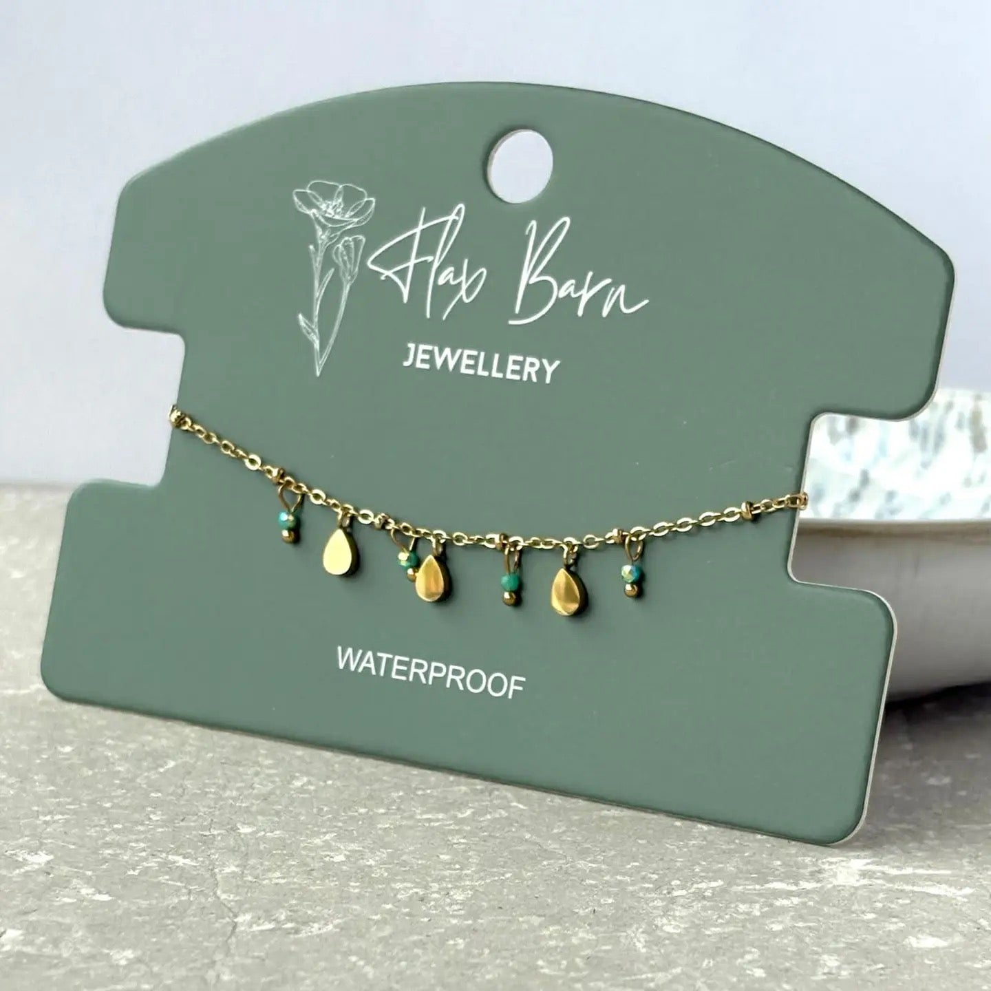 Teardrop &amp; Green Bead Charm Chain Gold Bracelet- Flax Barn Waterproof Jewellery