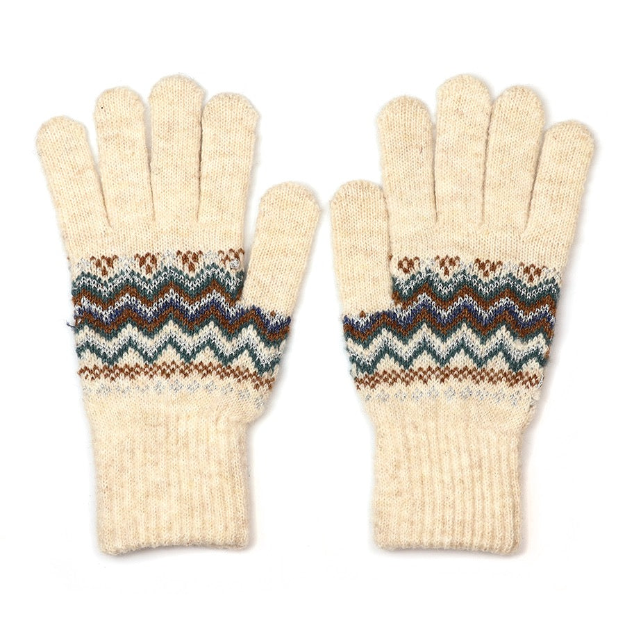 POM - Sofia - Patterned Zigzag Stripes Knit Wool Gloves - Cream/Teal/Rust