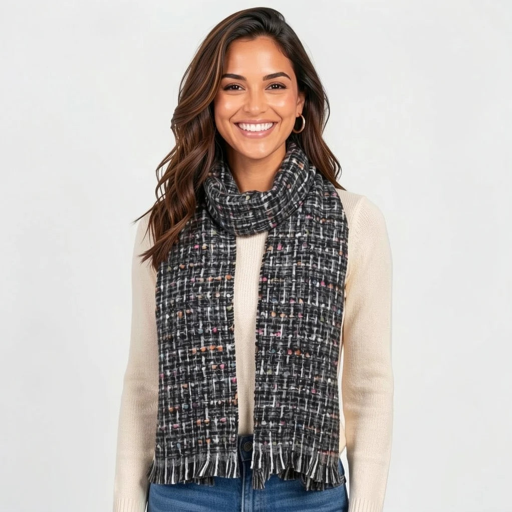 Park Lane - Check Patterned Cosy Tassel Scarf - Ebony/Multicoloured