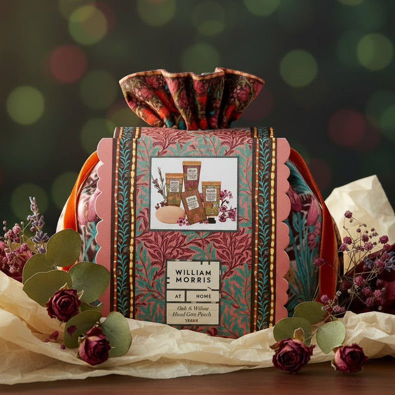William Morris at Home - Oak &amp; Willow Velvet Drawstring Pouch Gift Set -(Hand Creams/Soap)