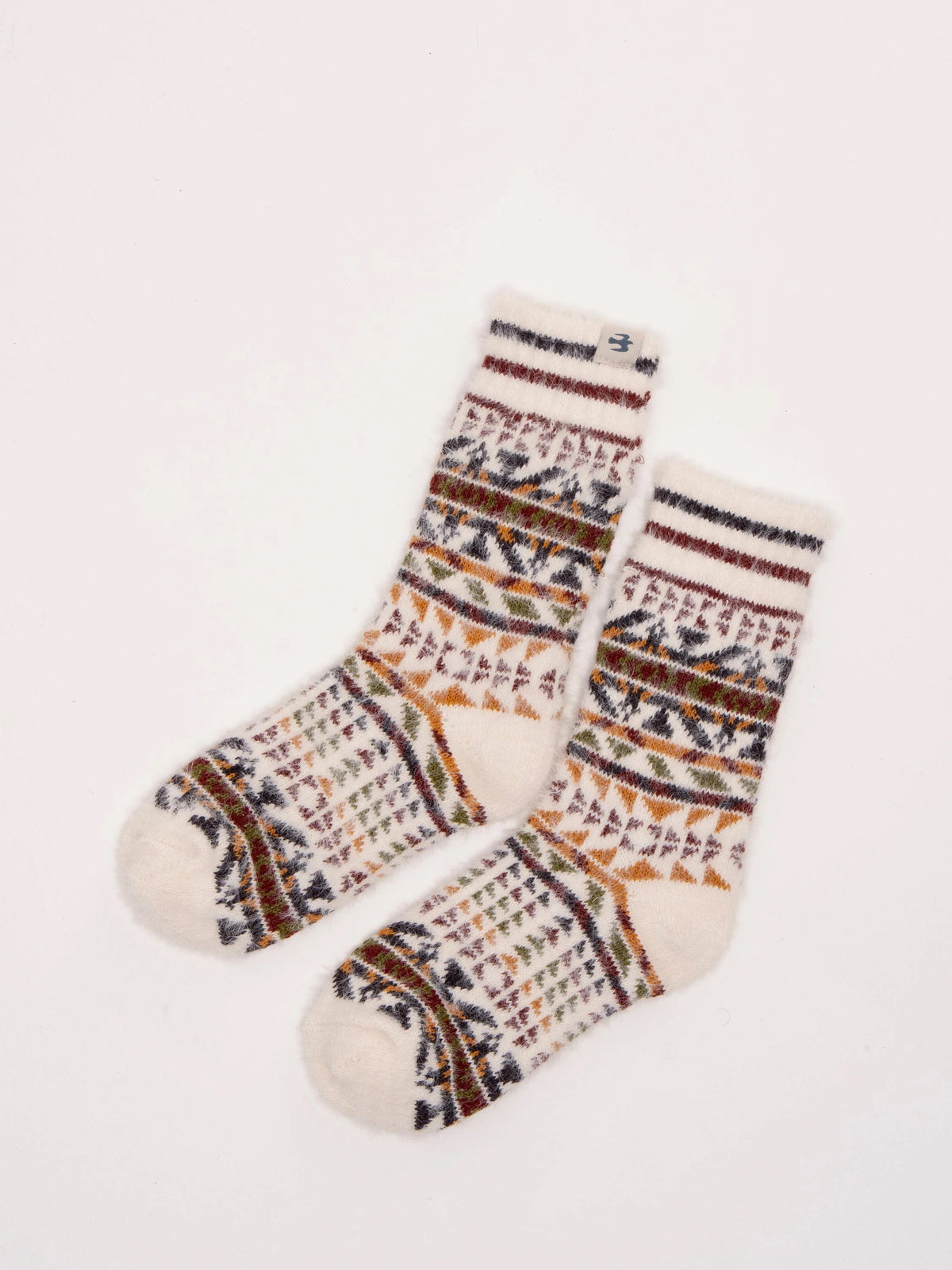Brakeburn - Brown Nordics Fair Isle Patterned Fluffy Ankle Socks - Off White/Multi