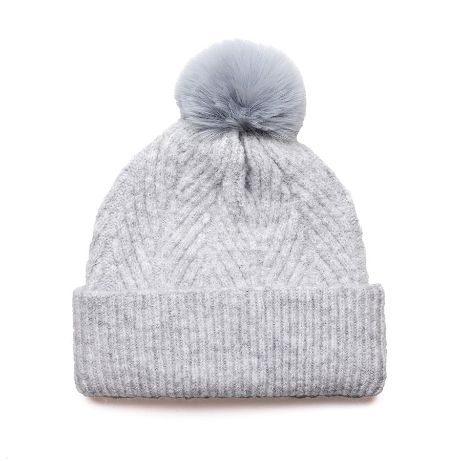 POM - Charlotte - Herringbone Knit Bobble Hat - Soft Grey