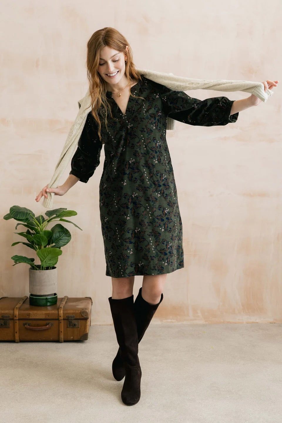 Harvest Trailing Leaves Print Pincord Midi Dress - Dark Olive - Lily &amp; Me