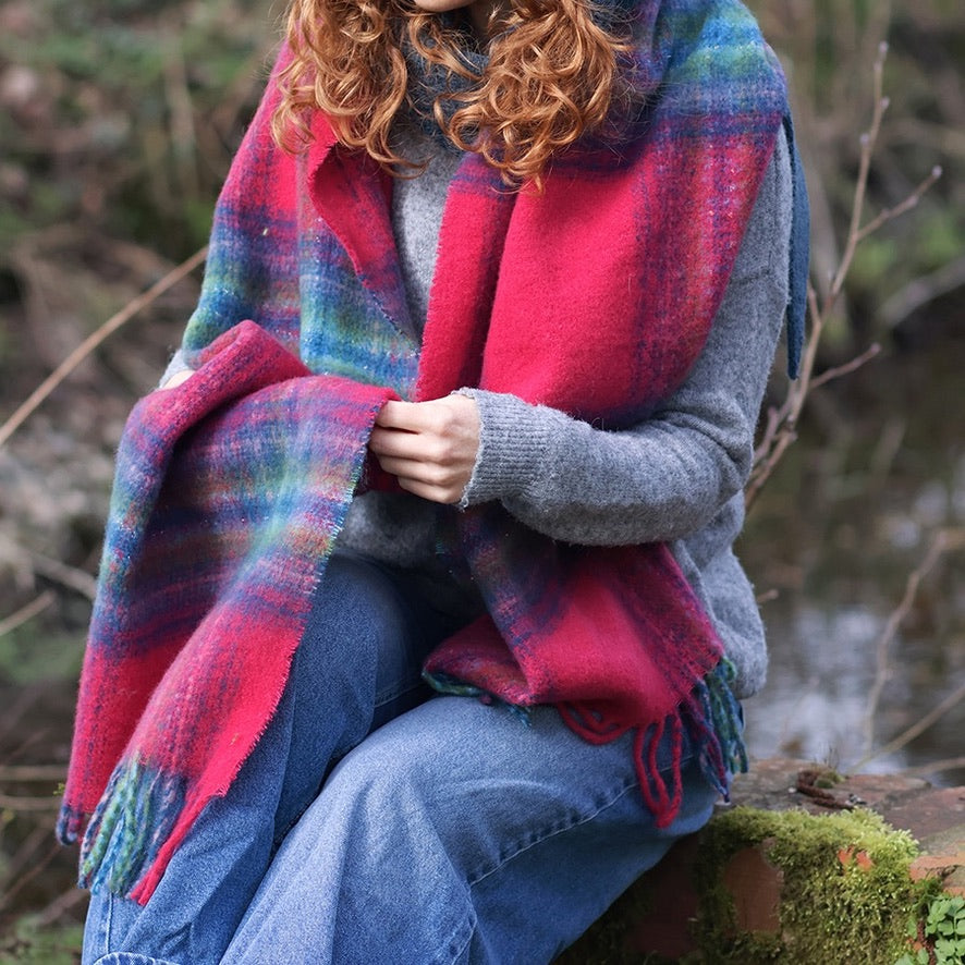 POM - Miranda - Blue, Green &amp; Raspberry Pink Mix Check Print - Cosy Tassel Scarf