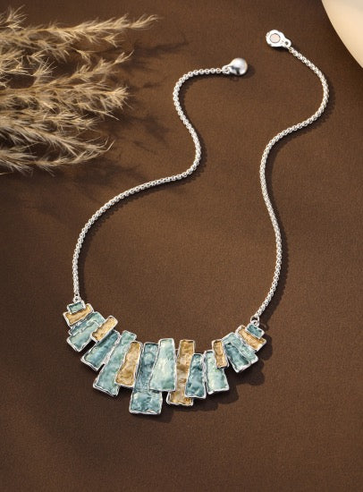 Gracee Jewellery -  Enamel Rectangles Greens &amp; Mustard Chain - Silver Necklace
