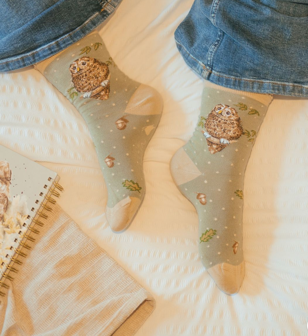 'Treetops' - Owl - Sage Green - Ladies Ankle Bamboo Socks - Wrendale Designs