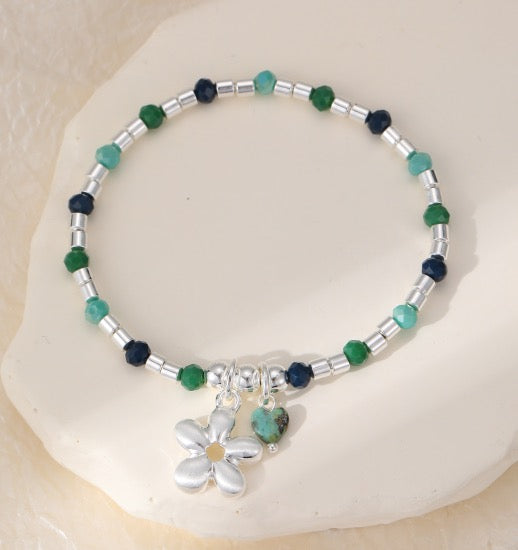 Gracee Jewellery Silver &amp; Coloured Stone Stretch Bracelet with Daisy Charm