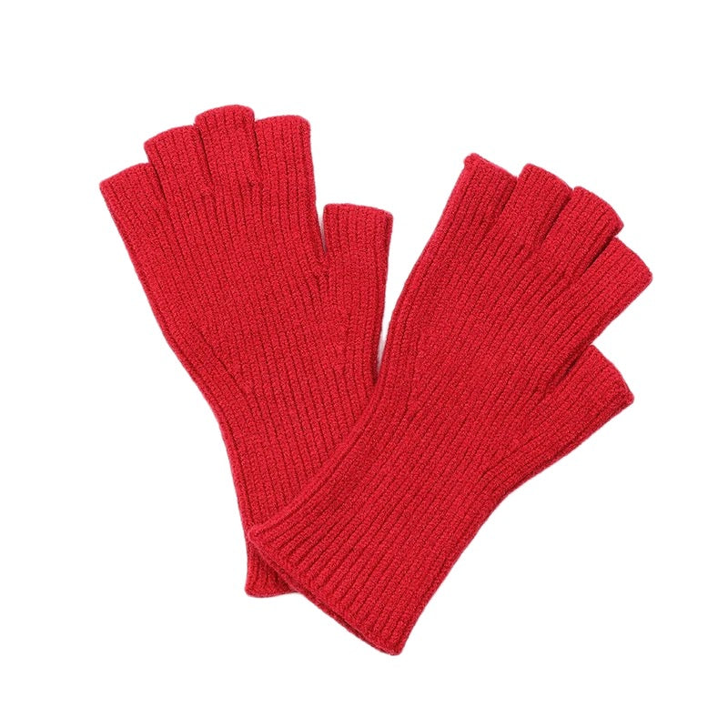 POM - Fine Rib Knit Plain Fingerless Gloves - Rose Red