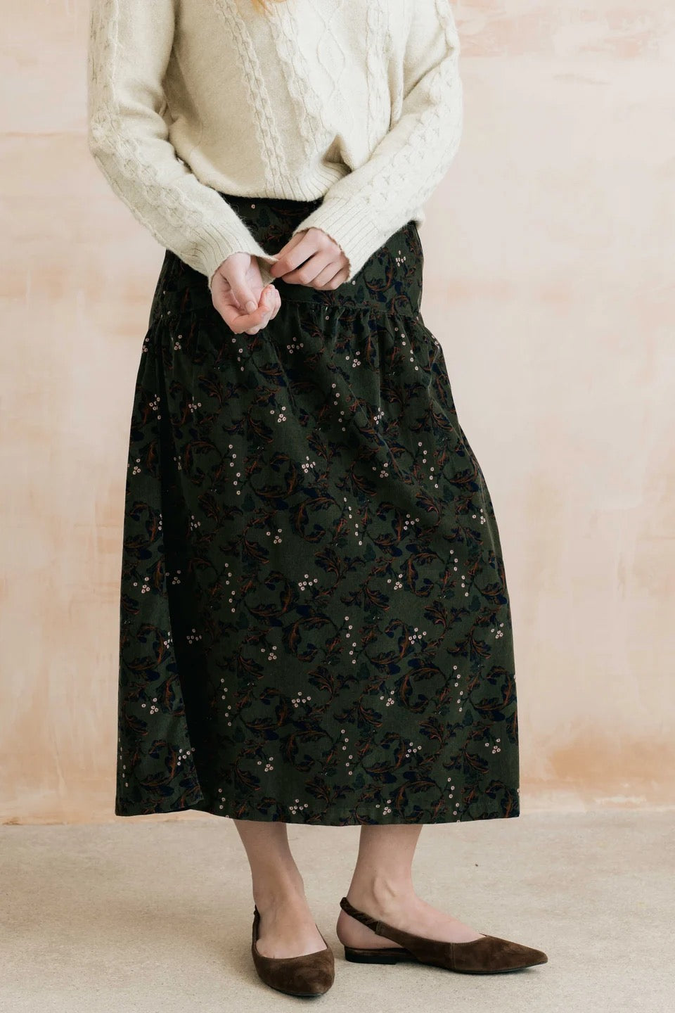 Frances - Trailing Leaves Print Pincord Plain Midi Skirt - Dark Olive Green - Lily &amp; Me