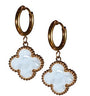 Byzantium - White Shimmer Four Leaf Clover Hoop Drop Earrings - Gold/White