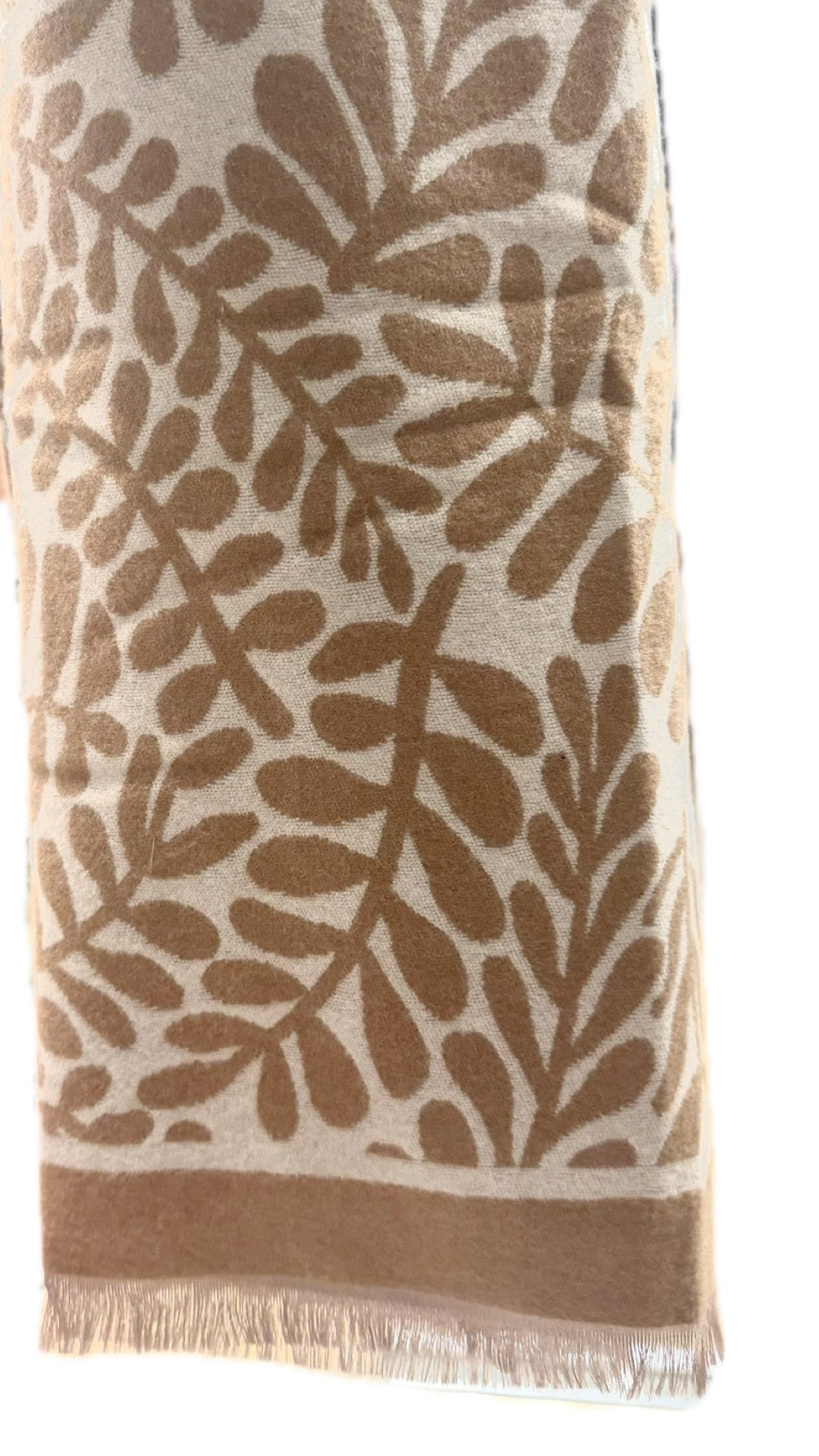 POM - Lisa - Camel/Ecru Mix Fern Silhouette Print - Reversible Cosy Jacquard Scarf