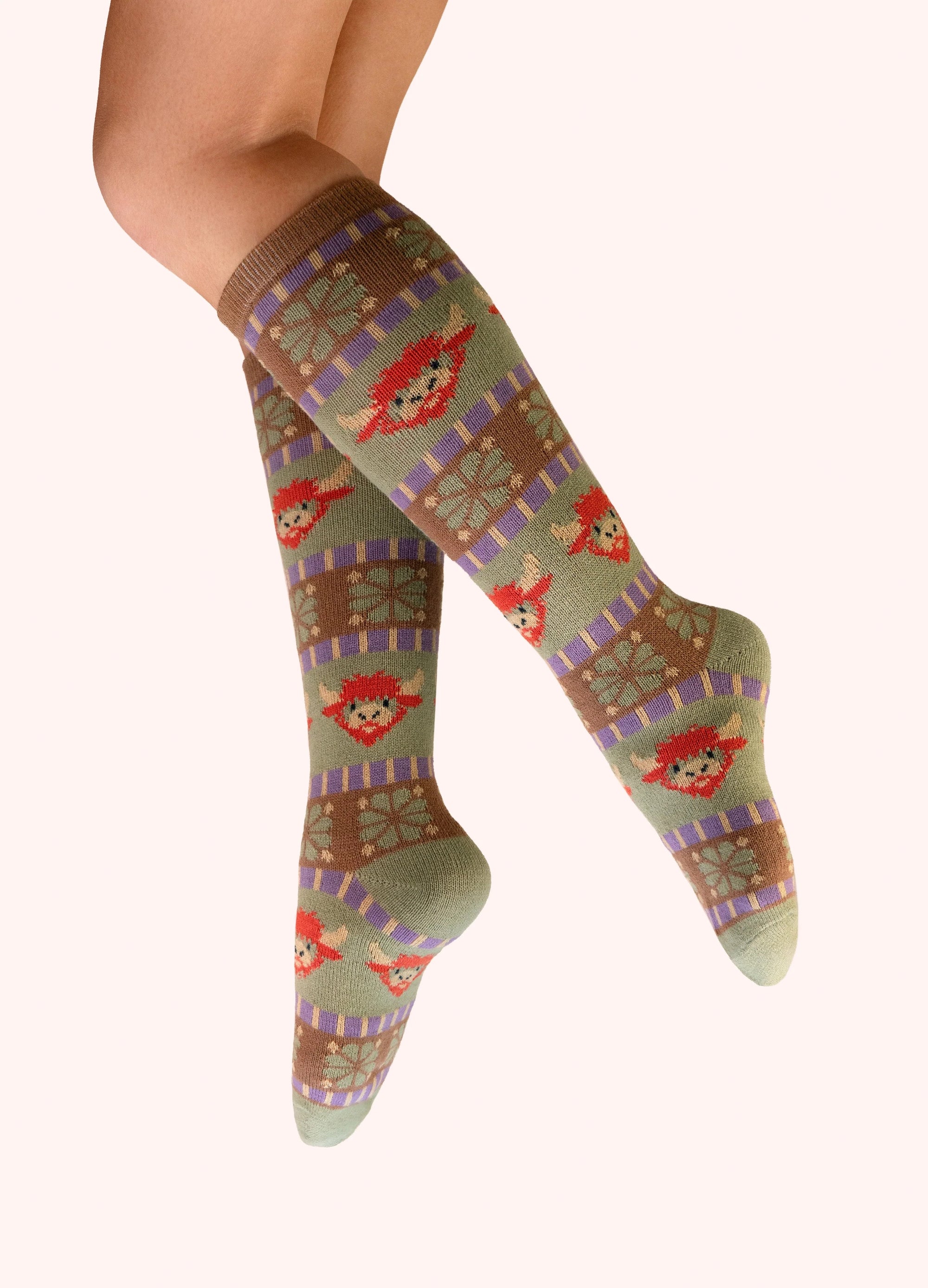 Powder - Fair Isle Highland Cow - Ladies LONG Cosy Knee High Socks - Sage Green/Multi