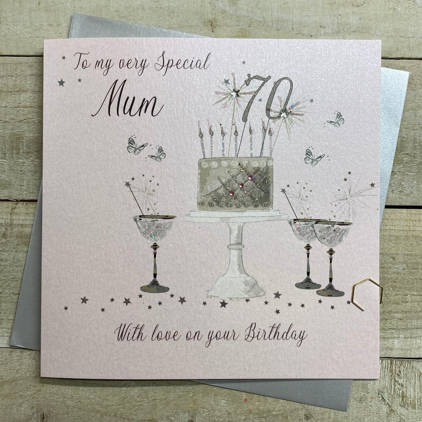 Special Mum 70th Birthday - Cake &amp; Cocktails Blush White LARGE card - White Cotton Cards