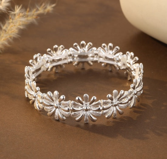 Gracee Jewellery - Silver Flowers Statement-  Stretch Bangle Bracelet