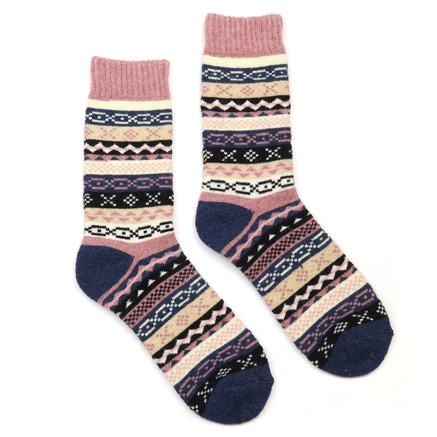 POM - Multi Pattern Nordic Striped Socks - Navy/Pink Mix